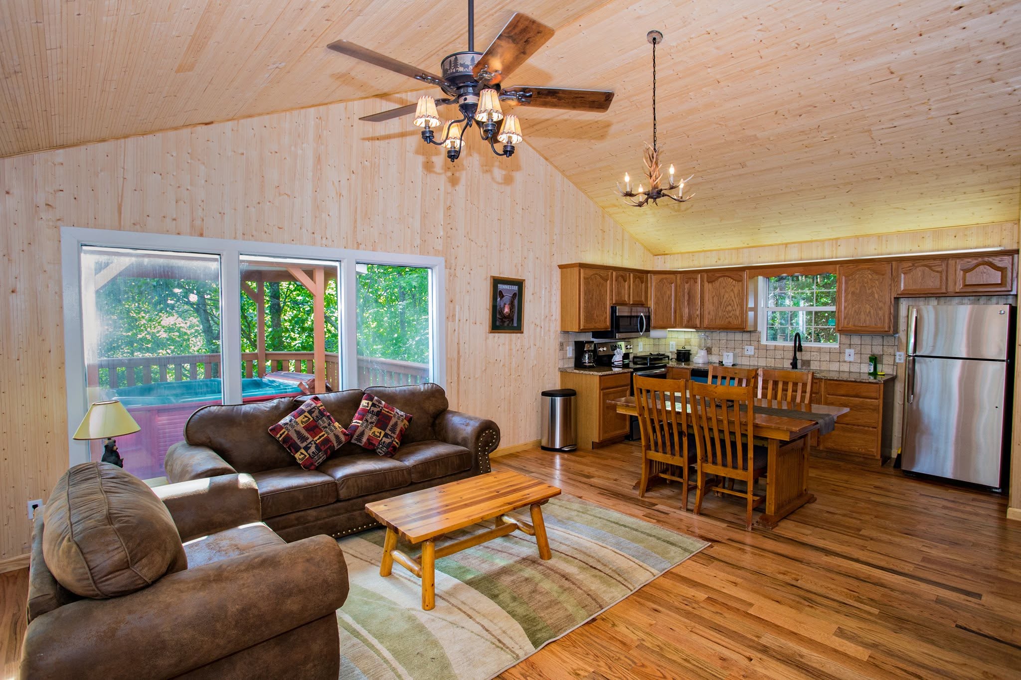 Open cabin living and dining room