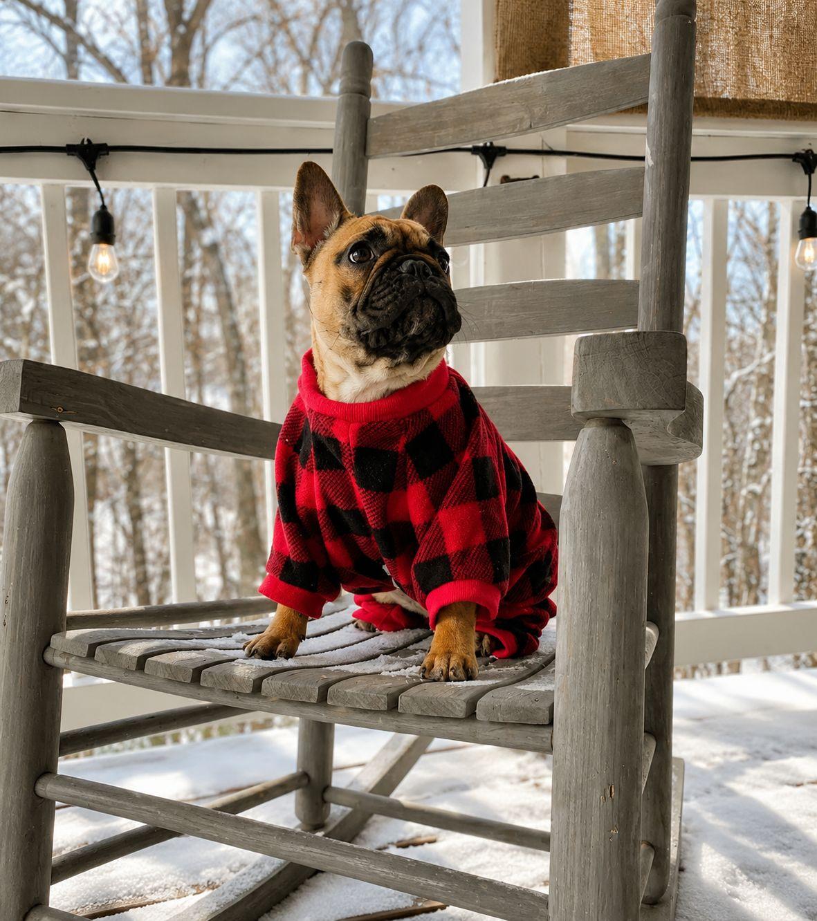 Dog wearing a plaid sweater on a snowy cabin deck
