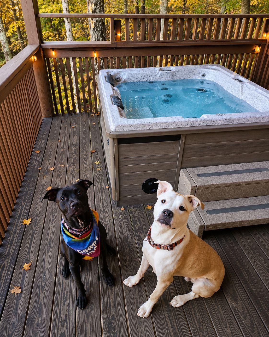 Two dogs sitting on a cabin deck beside a private hot tub in fall